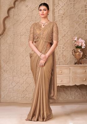 Beige Embellished Georgette Saree Set