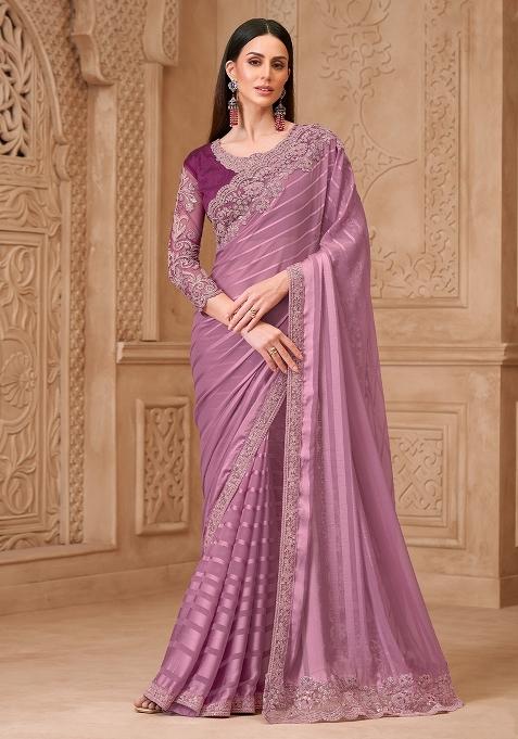 Pink Embellished Georgette Saree Set