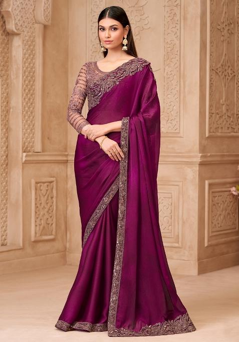 Purple Embellished Georgette Saree Set