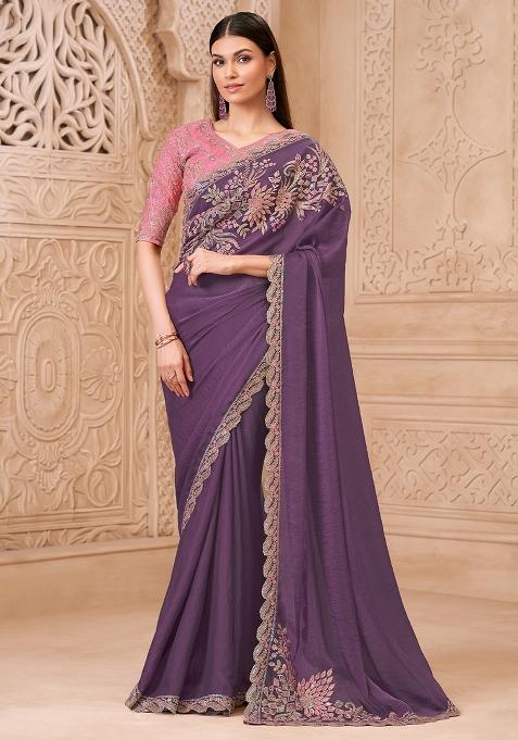 Lavender Embellished Georgette Saree Set