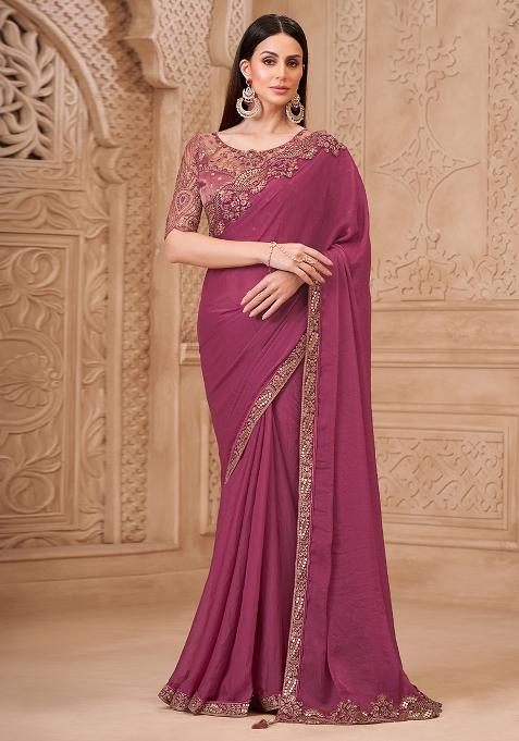 Mauve Embellished Georgette Saree Set — view on Indya