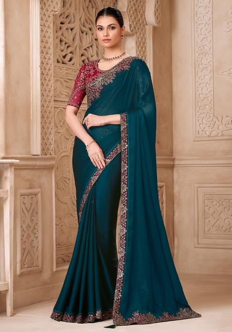 Teal Blue Embellished Georgette Saree Set