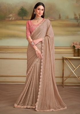Beige Embellished Georgette Saree Set