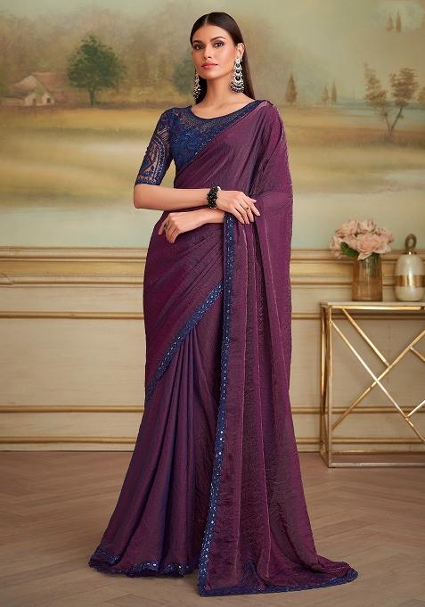 Purple Embellished Georgette Saree Set — view on Indya