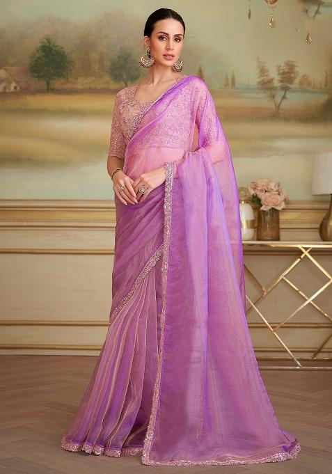 Lavender Embellished Georgette Saree Set — view on Indya