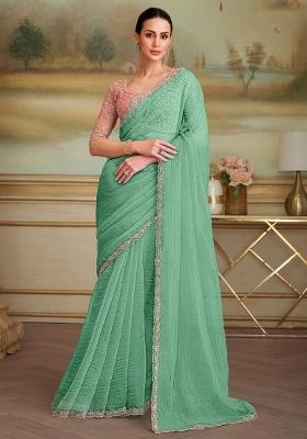 Turquoise Embellished Georgette Saree Set