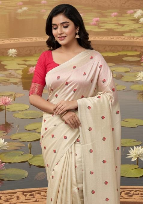 Cream Embellished Tissue Saree Set — view on Indya
