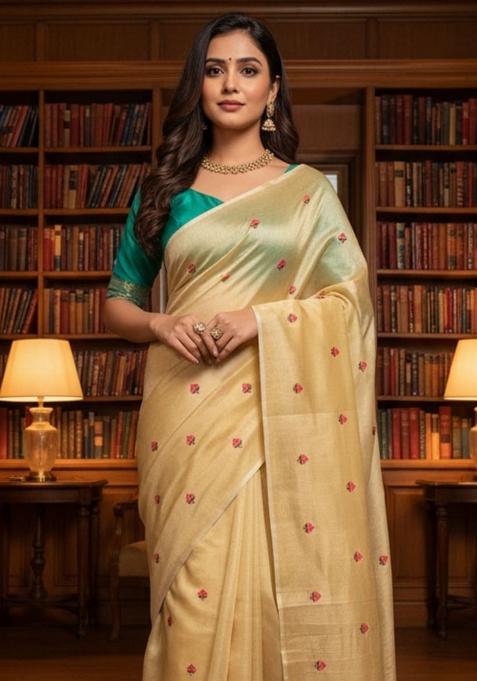 Cream Embellished Tissue Saree Set — view on Indya
