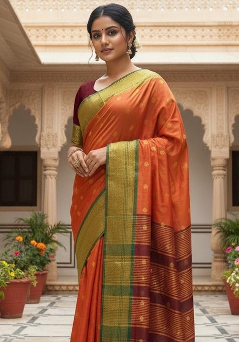 Orange Woven Design Silk Saree Set — view on Indya