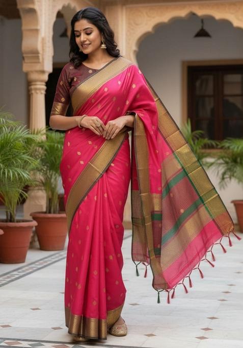 Pink Woven Design Silk Saree Set — view on Indya
