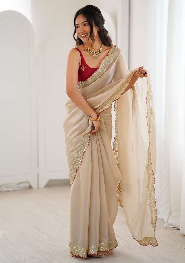 Beige Embellished Satin Saree Set for Diwali | Wedding & Festive Wear - Indya