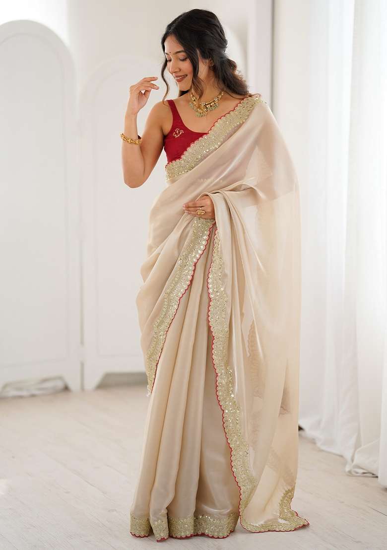 Beige Embellished Satin Saree Set for Diwali | Wedding & Festive Wear - Indya