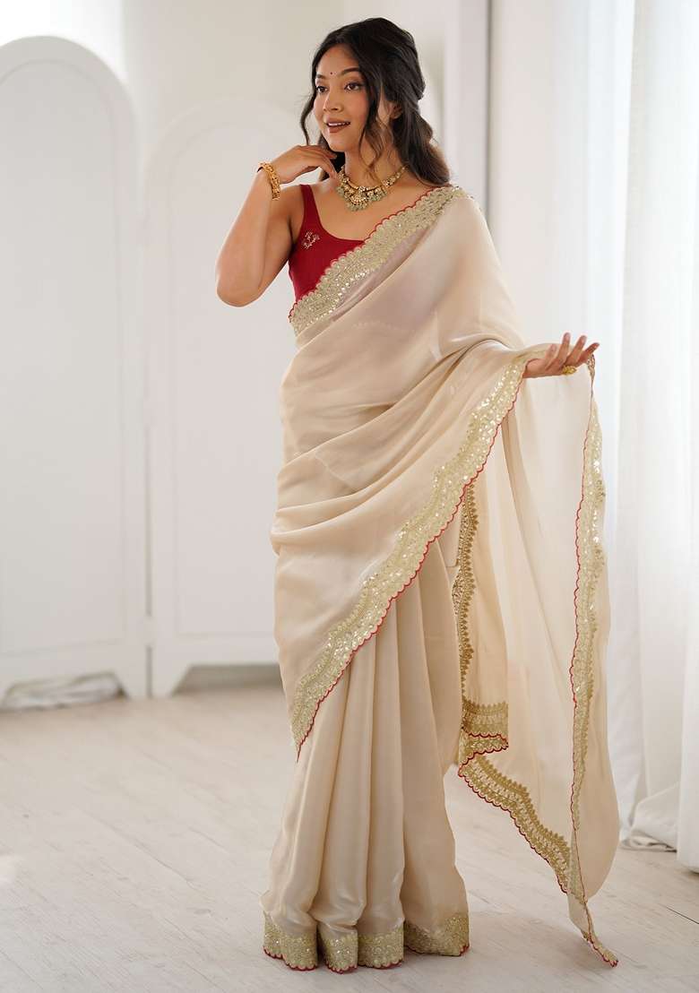 Beige Embellished Satin Saree Set for Diwali | Wedding & Festive Wear - Indya