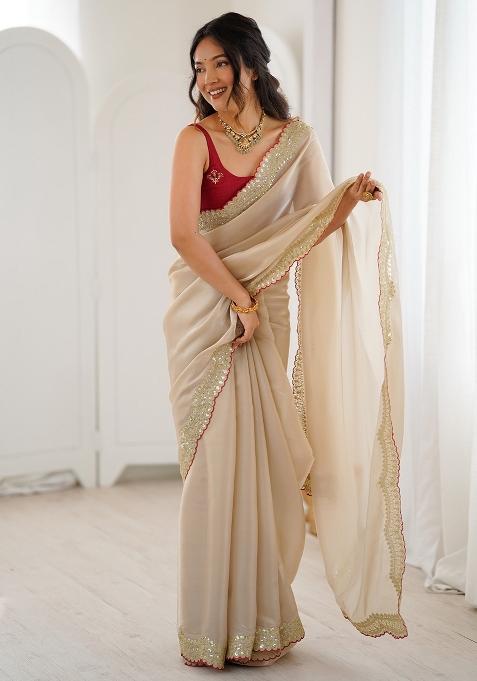Beige Embellished Satin Saree Set
