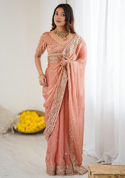 Rose Gold Embellished Chiffon Saree Set