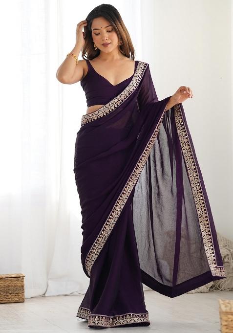 Violet Embellished Satin Saree Set