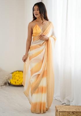 Yellow Embellished Satin Saree Set