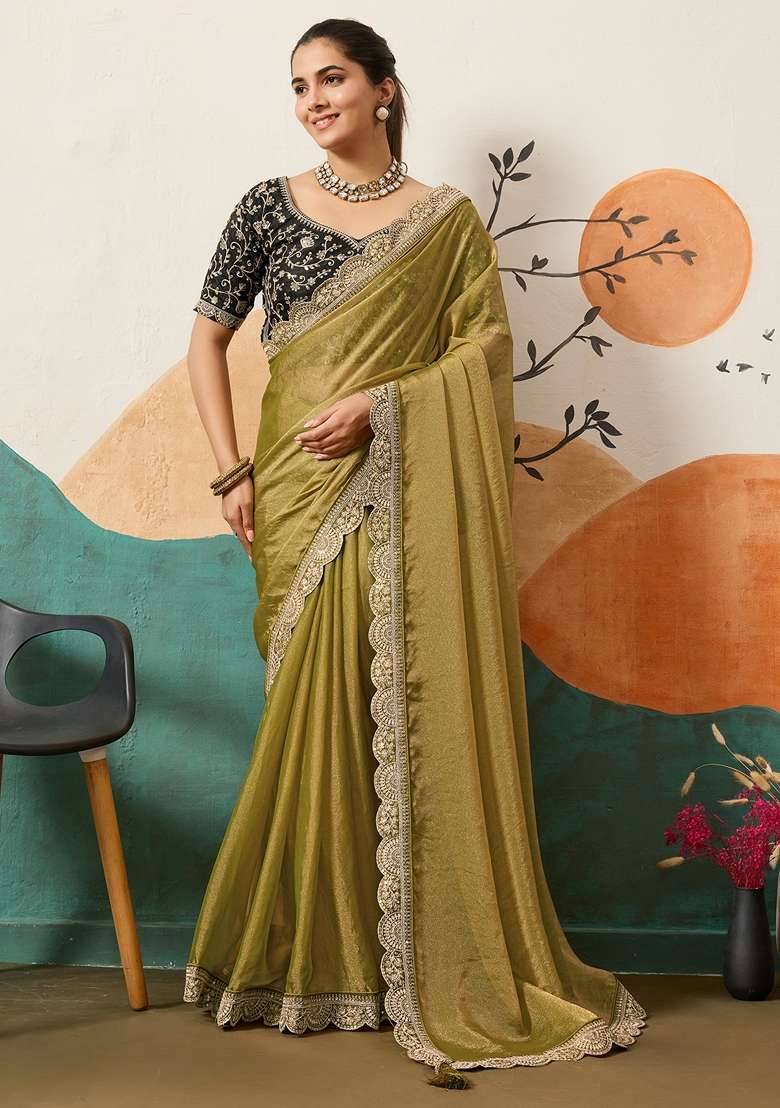Olive Embellished Organza Saree Set for Diwali and Festive Wear - Indya
