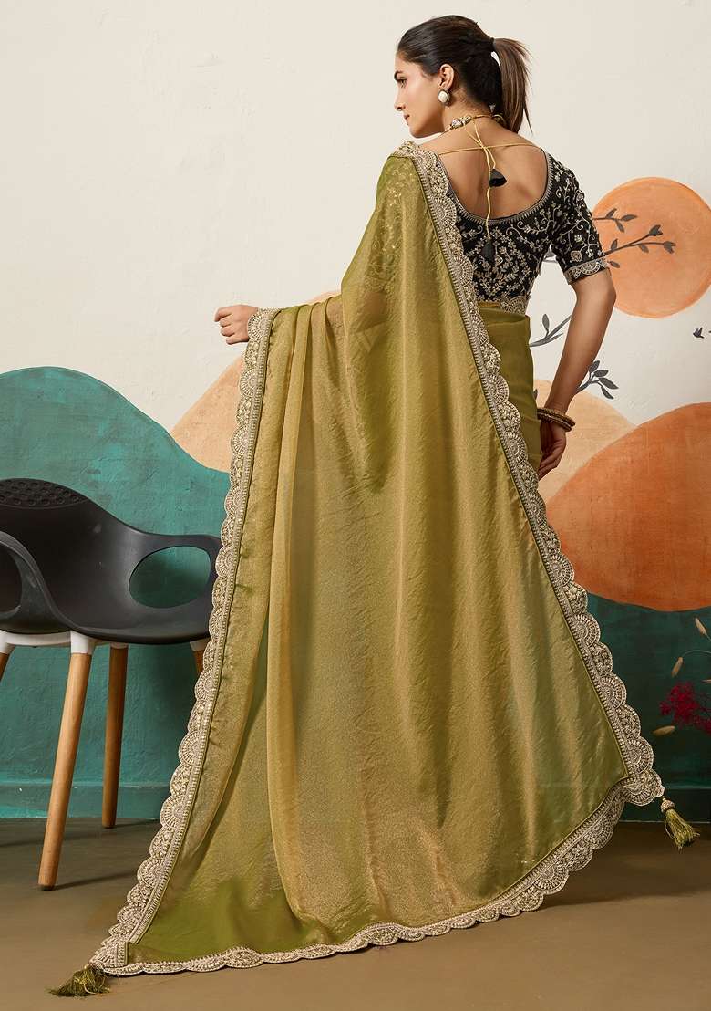 Olive Embellished Organza Saree Set for Diwali and Festive Wear - Indya