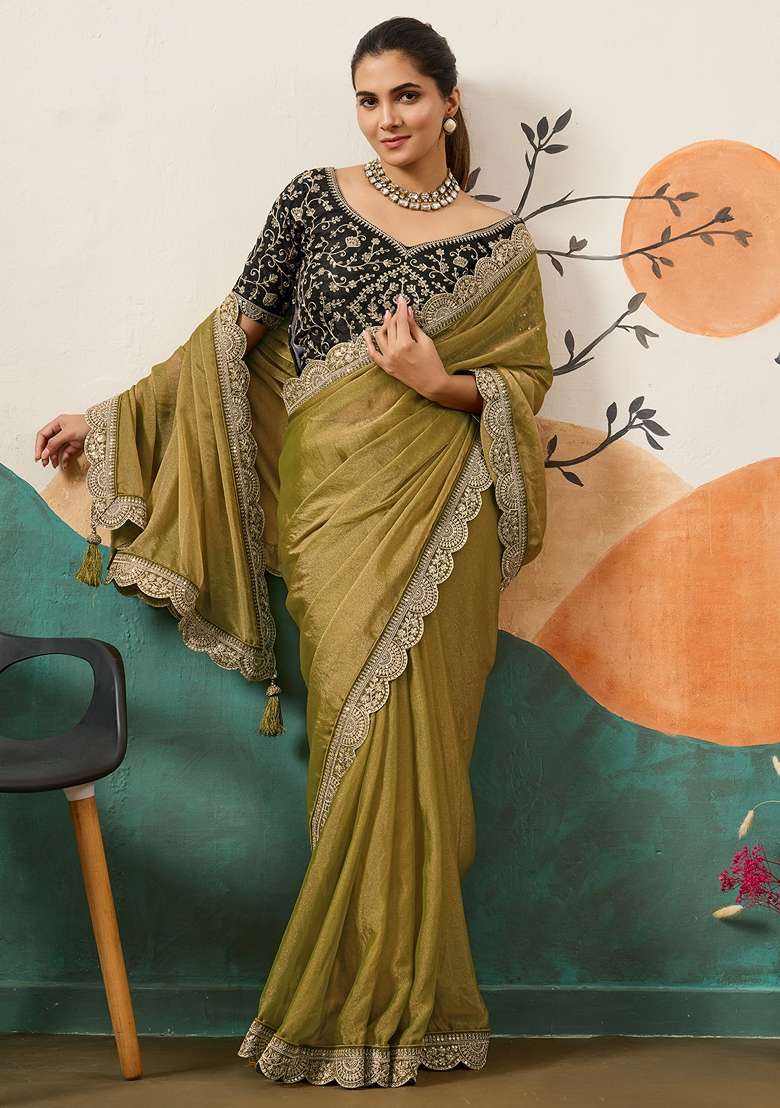 Olive Embellished Organza Saree Set for Diwali and Festive Wear - Indya
