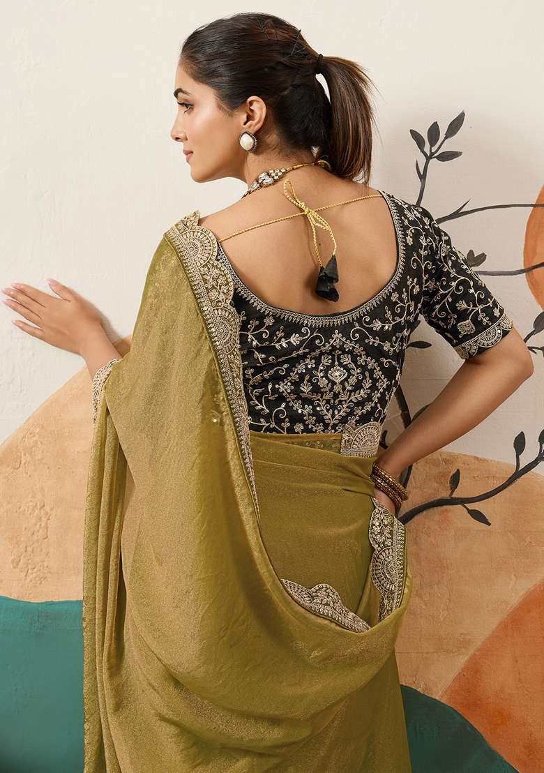 Olive Embellished Organza Saree Set for Diwali and Festive Wear - Indya