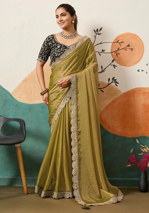 Olive Embellished Organza Saree Set