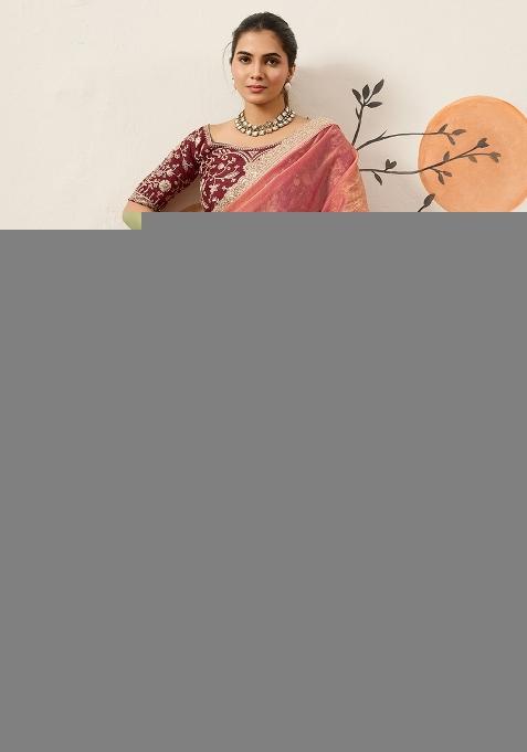 Rose Gold Embellished Organza Saree Set