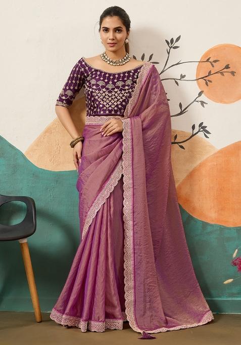 Mauve Embellished Organza Saree Set