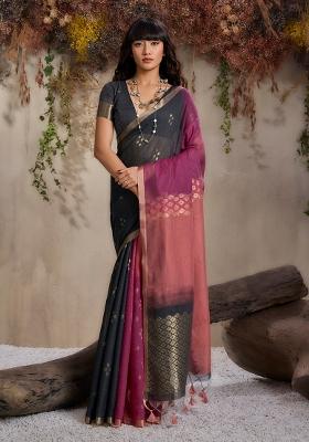 Magenta Woven Design Silk Blend Saree Set