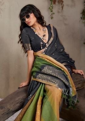 Mustard Woven Design Silk Blend Saree Set