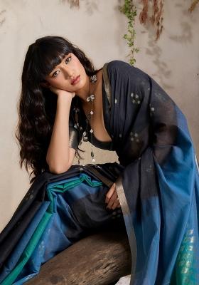 Light Blue Woven Design Silk Blend Saree Set