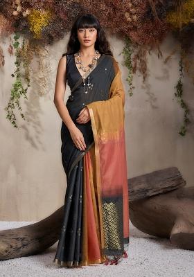 Rust Woven Design Silk Blend Saree Set