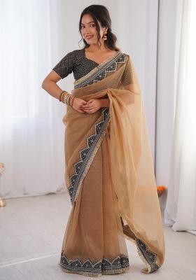 Camel Brown Embellished Net Saree Set