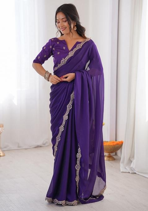 Purple Embellished Georgette Saree Set