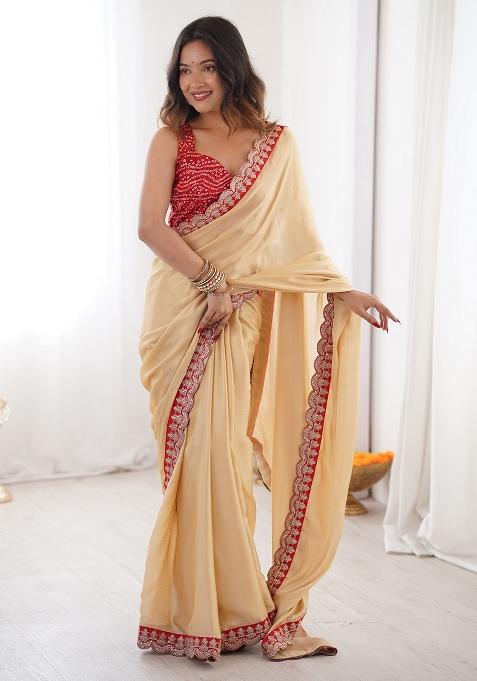 Cream Embellished Satin Saree Set
