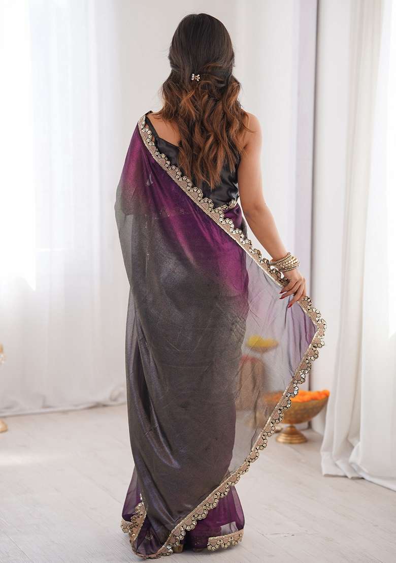 Charcoal Grey Embellished Georgette Saree Set for Diwali | Wedding & Festive Wear - Indya