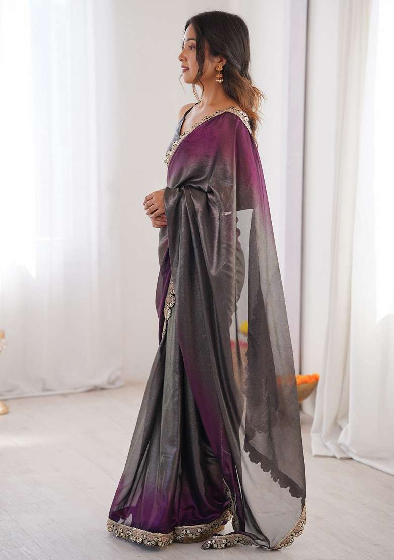 Charcoal Grey Embellished Georgette Saree Set for Diwali | Wedding & Festive Wear - Indya
