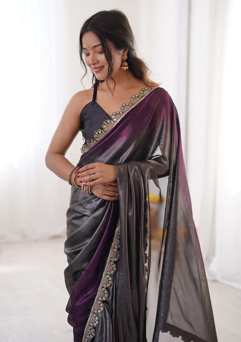 Charcoal Grey Embellished Georgette Saree Set for Diwali | Wedding & Festive Wear - Indya