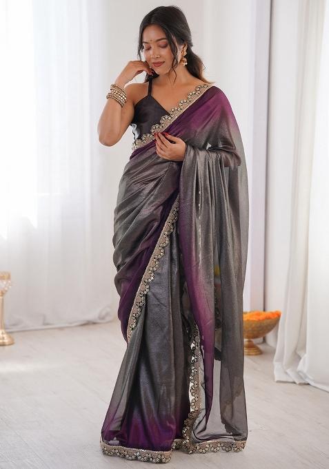 Charcoal Grey Embellished Georgette Saree Set