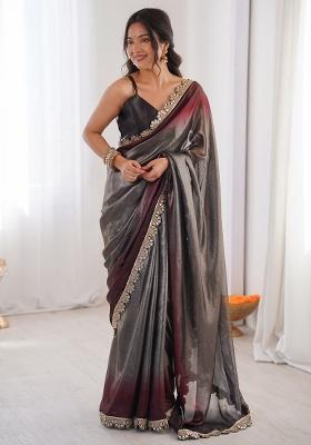 Charcoal Grey Embellished Georgette Saree Set