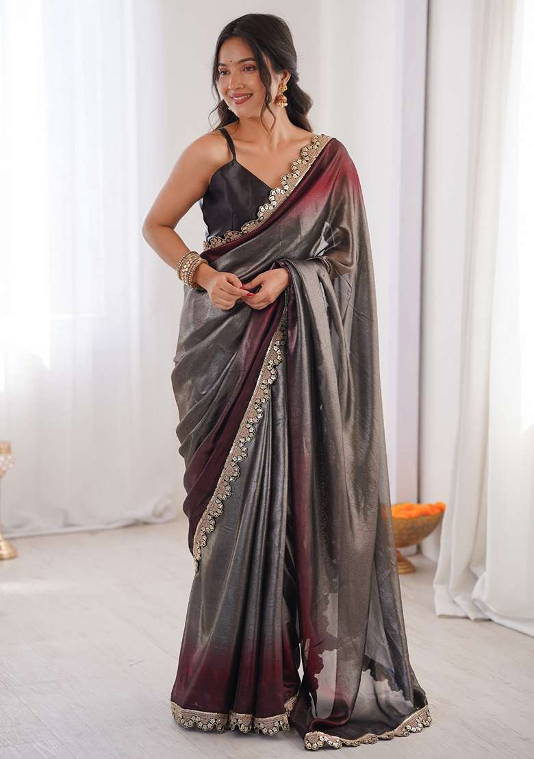 Charcoal Grey Embellished Georgette Saree Set for Diwali and Festive Wear - Indya