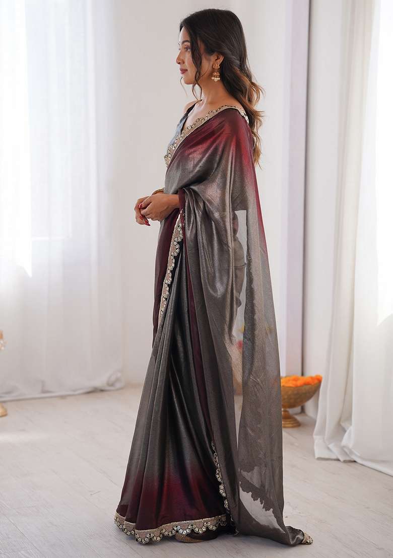 Charcoal Grey Embellished Georgette Saree Set for Diwali and Festive Wear - Indya
