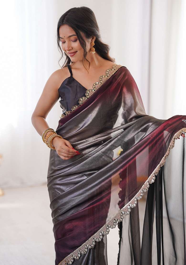 Charcoal Grey Embellished Georgette Saree Set for Diwali and Festive Wear - Indya