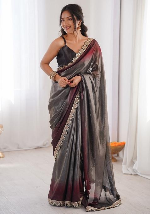 Charcoal Grey Embellished Georgette Saree Set