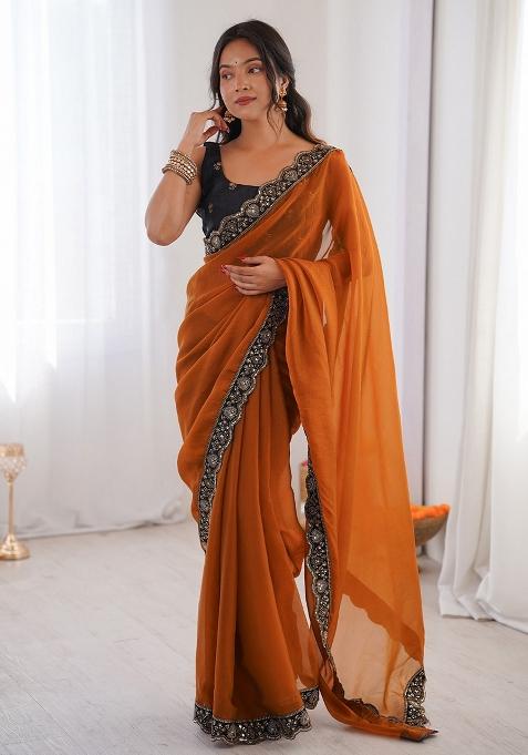 Rust Embellished Georgette Saree Set