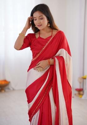 Red Embellished Chinon Saree Set
