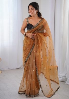 Light Brown Embellished Net Saree Set