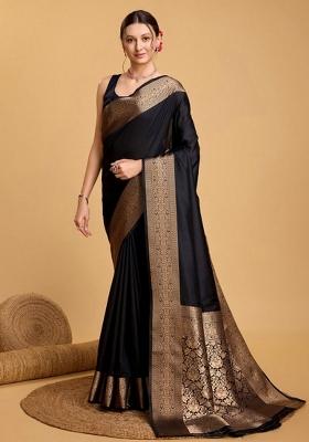 Black Woven Design Silk Blend Saree Set