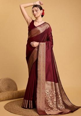 Maroon Woven Design Silk Blend Saree Set
