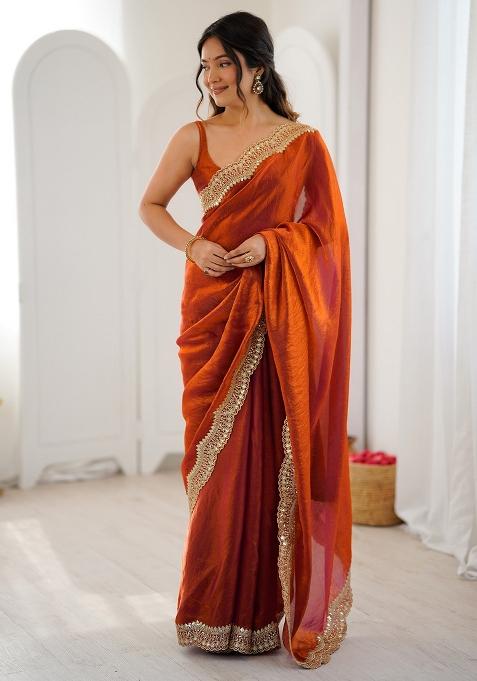 Orange Embellished Satin Saree Set
